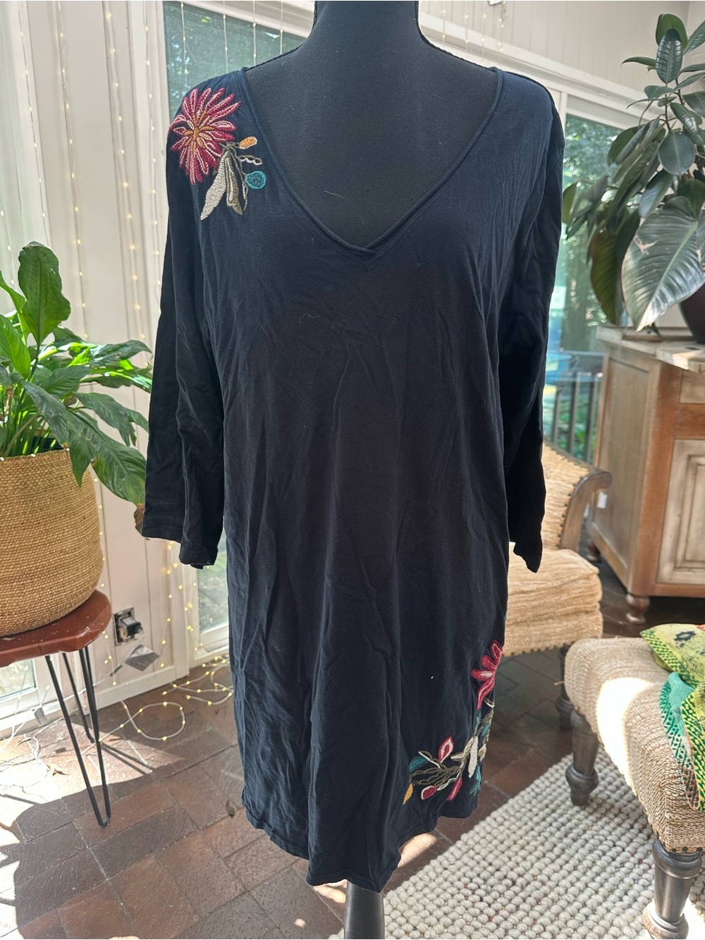 Johnny Was Black V-Neck Long Sleeve Dress with Floral Embroidery